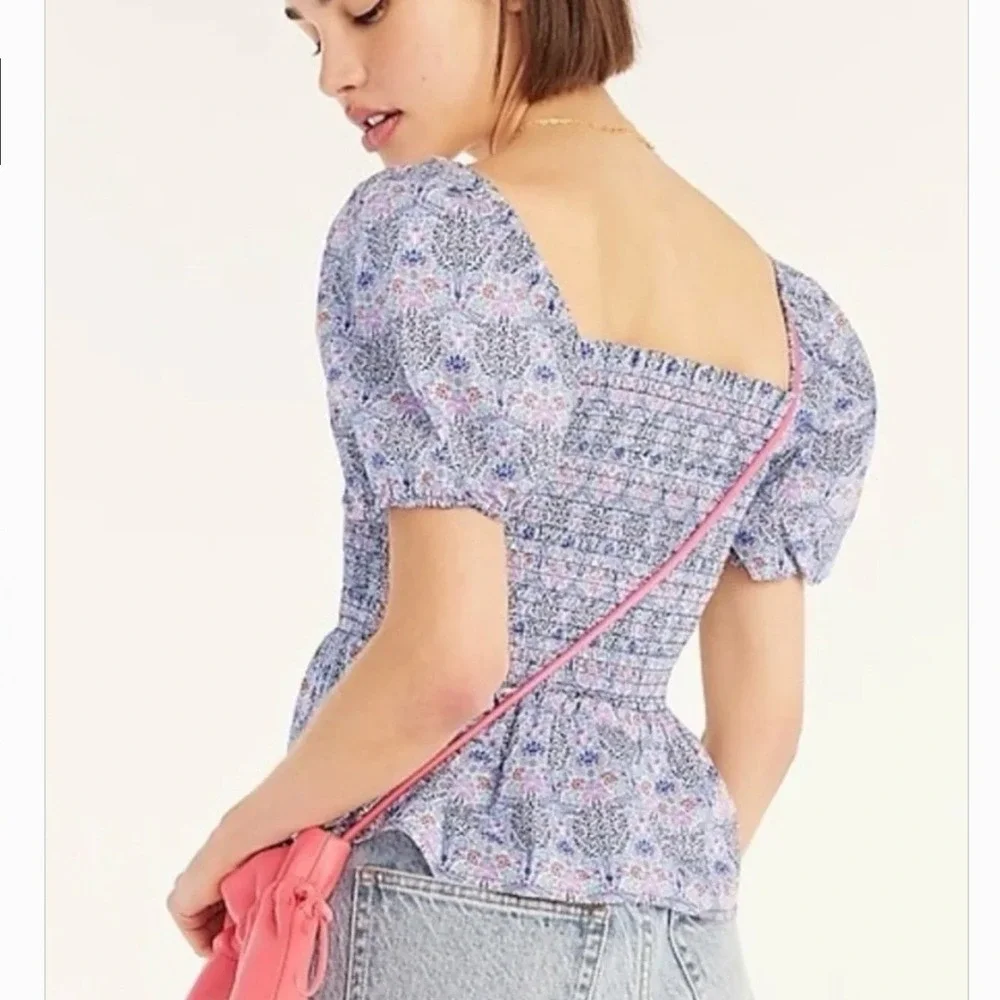 J. Crew Liberty of London Floral Smocked Peplum Squareneck Puff Sleeve Top SZS